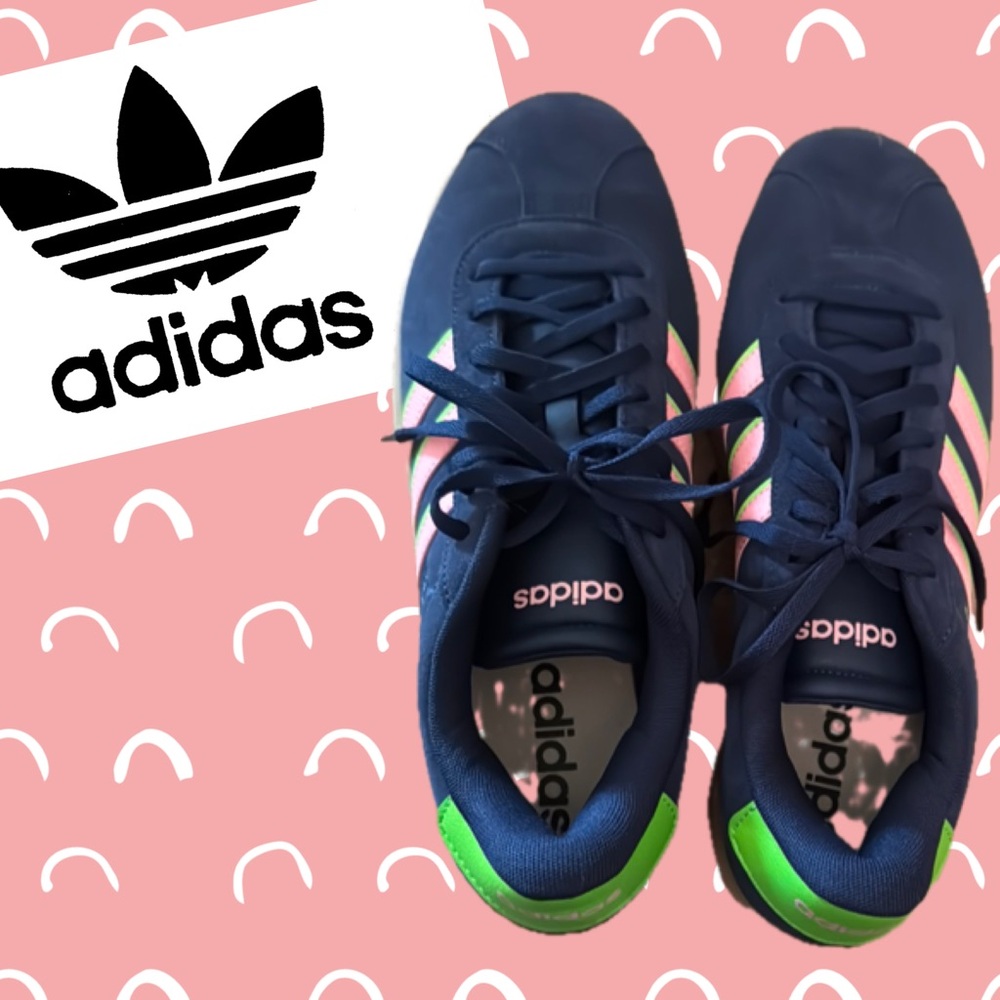 Adidas Navy Sneakers with Pink and Green Stripes